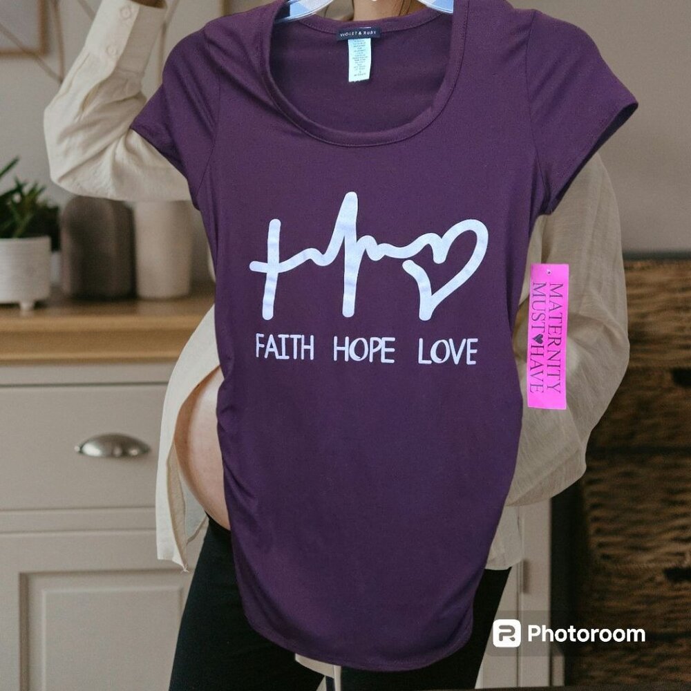 NWT Women's Maternity Violet & Ruby Top Faith Hope Love Burgundy Size S Ruching